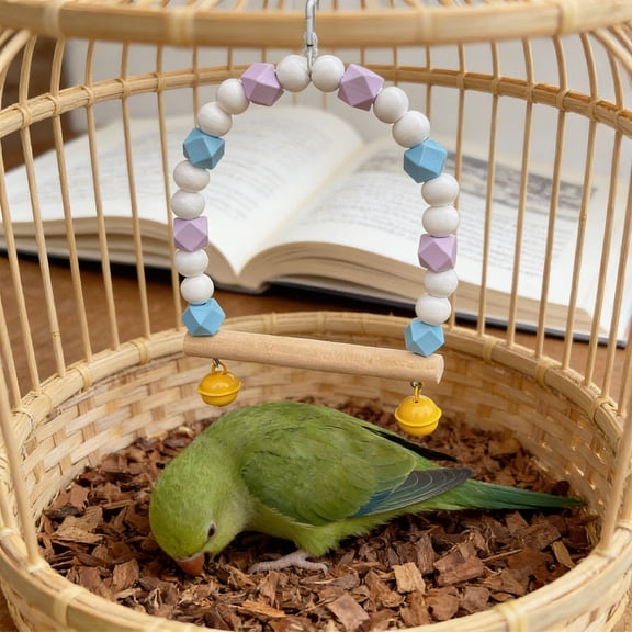 KOYPTL Wooden Bird Swing with Bells for Cockatiels Parrot Perch Hanging Toys,Birdcage Stands Cage Ground Play Gyms Accessories,Colorful Beads Climbing Toy for Lovebirds Conures Budgies Easter Decor