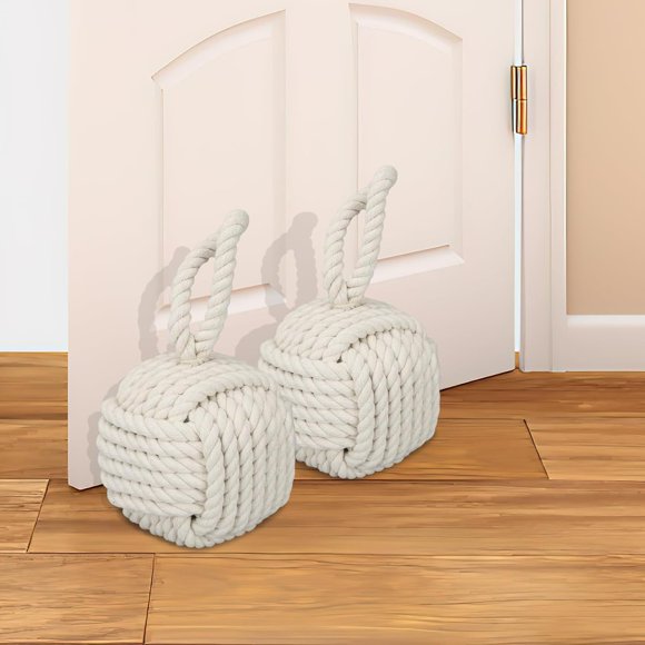 2 Pack Decorative Rope Door Stopper, Total 7.5 lbs Heavy Duty Door Stop with Handle, Weighted Cement Indoor Doorstop for Interior Doors