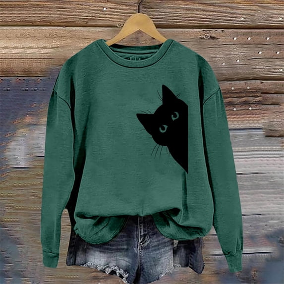 CONZONE Sweatshirt For Women Long Sleeve Crew Neck Pullover Sweatshirts For Women Cat Graphic Cozy Fall Winter Womens Hoodies