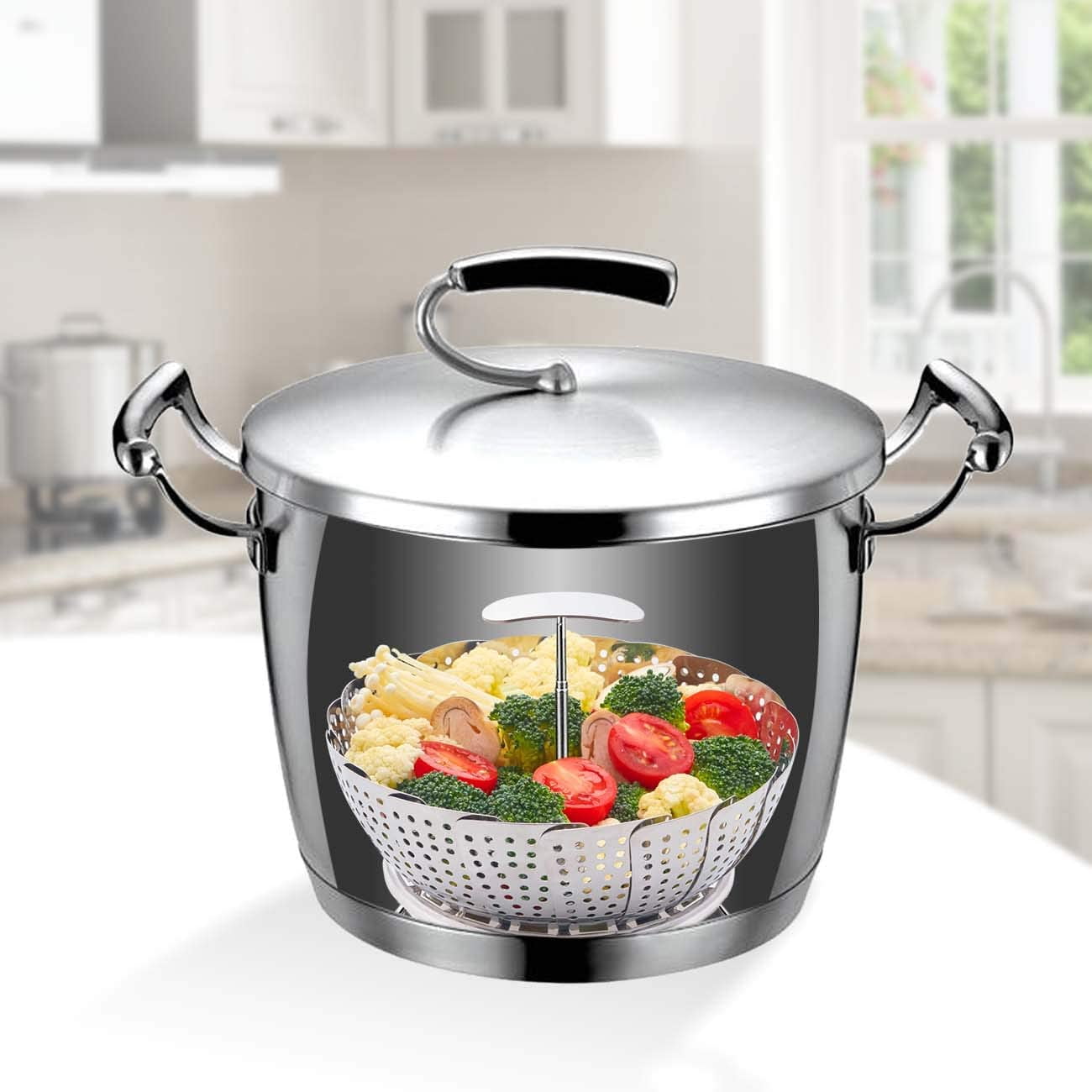Kepooman Kitchen Stainless Steel Folding Veggie Steamer Basket for Cooking, Silver Kepooman Kitchen Stainless Steel Folding Veggie Steamer Basket for Cooking, Silver