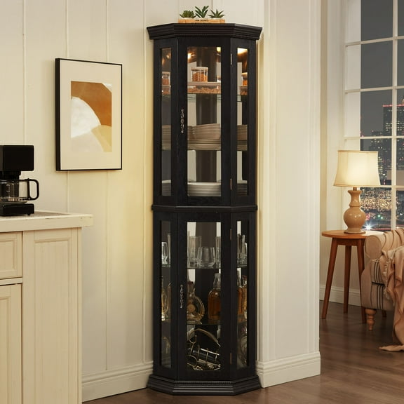 S-HOME Lighted Corner Curio Cabinet - Glass Display Shelf with Tempered Glass Doors, Adjustable Shelving, and Included Bead Bulb Bar Cabinet