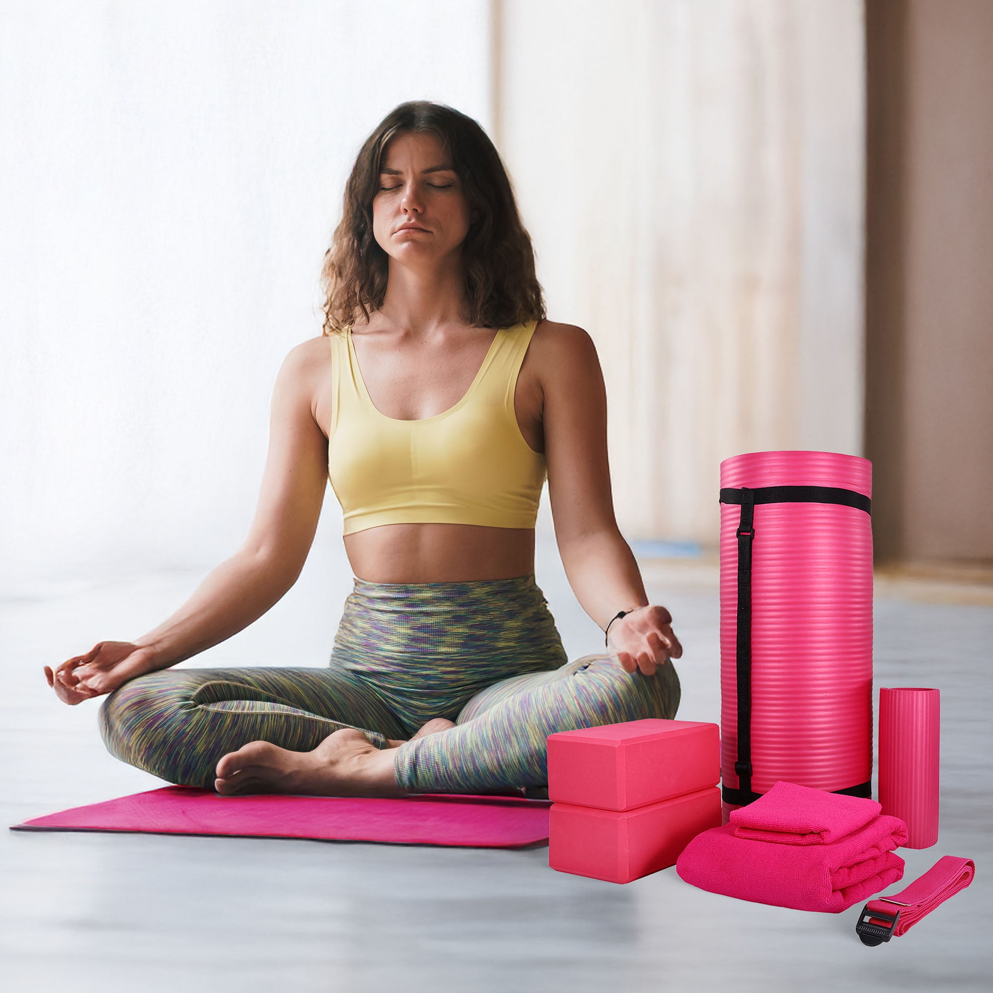 BalanceFrom Complete 7-Piece Yoga Set with 71” x 24” x 1” Extra Thick Mat, Pink