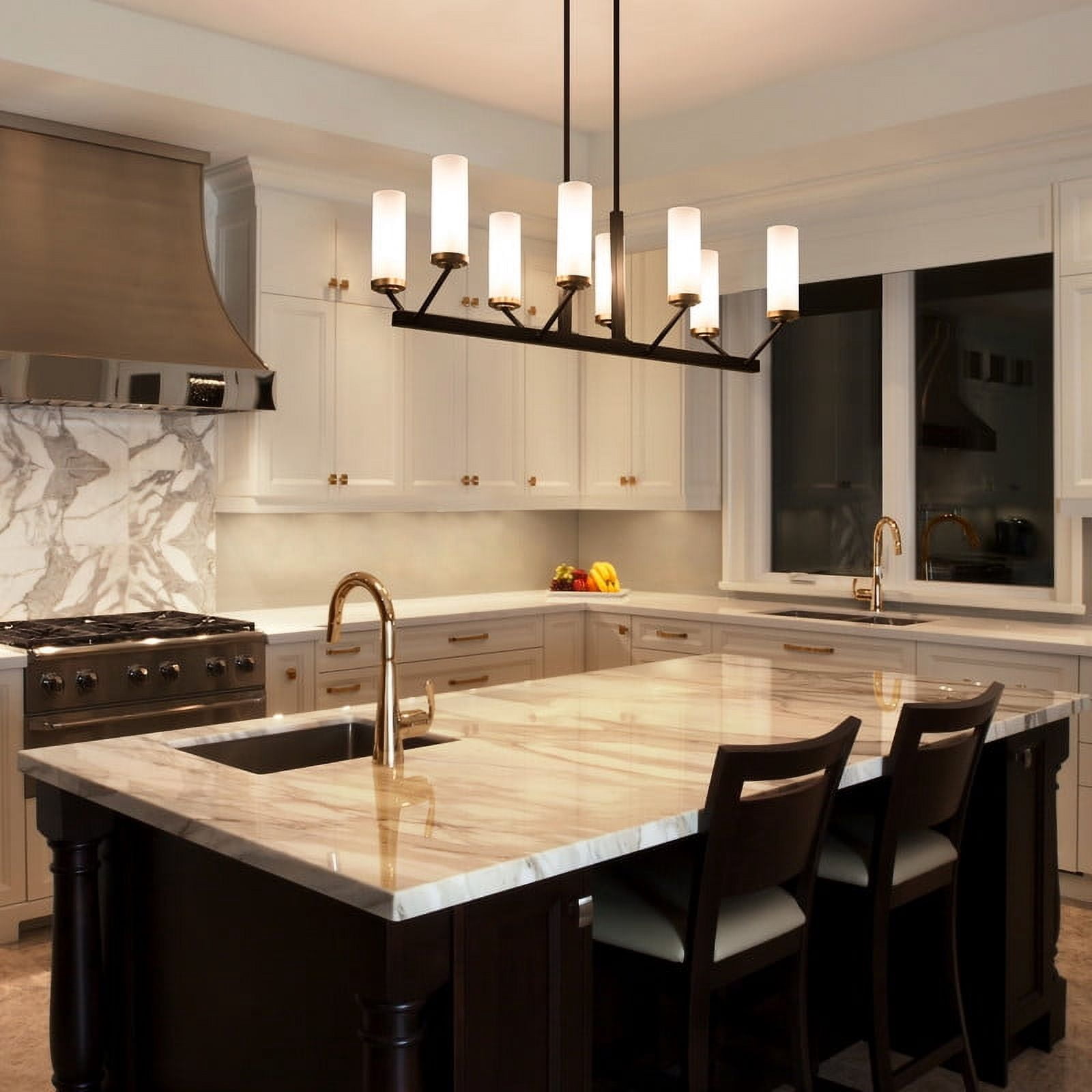 LNC 8-Light Black and Gold Linear LED Pendant with Frosted Glass for Kitchen Island
