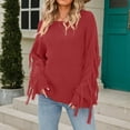 thumbnail image 2 of UJNDER Women Casual Large Size Pullover Sweater Tassel Long Sleeve Loose Round Neck Sweater Top Cozy Sweaters for Women Red L, 2 of 8