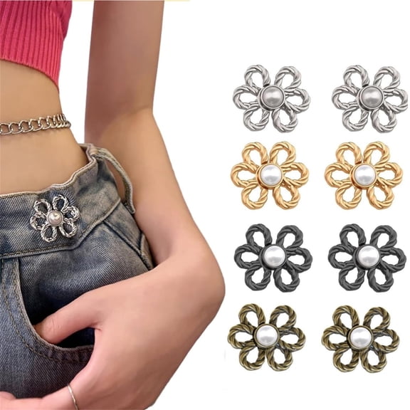 8 Pcs Pant Waist Tightener,Adjustable Flower Buttons Pins,Reusable Waist Tightener,Waist Buckle Sets for Loose Jeans,No Sew and No Tools Detachable Decorative Waist Buckles,Jean Buttons Pins