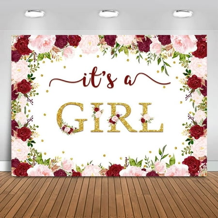 Image of Burgundy Floral It s A Girl Backdrop Marsala Baby Shower Background for Girl Burgundy Pink Baby Shower Party Decorations Banner Photo Booth Backdrops (8x6ft)