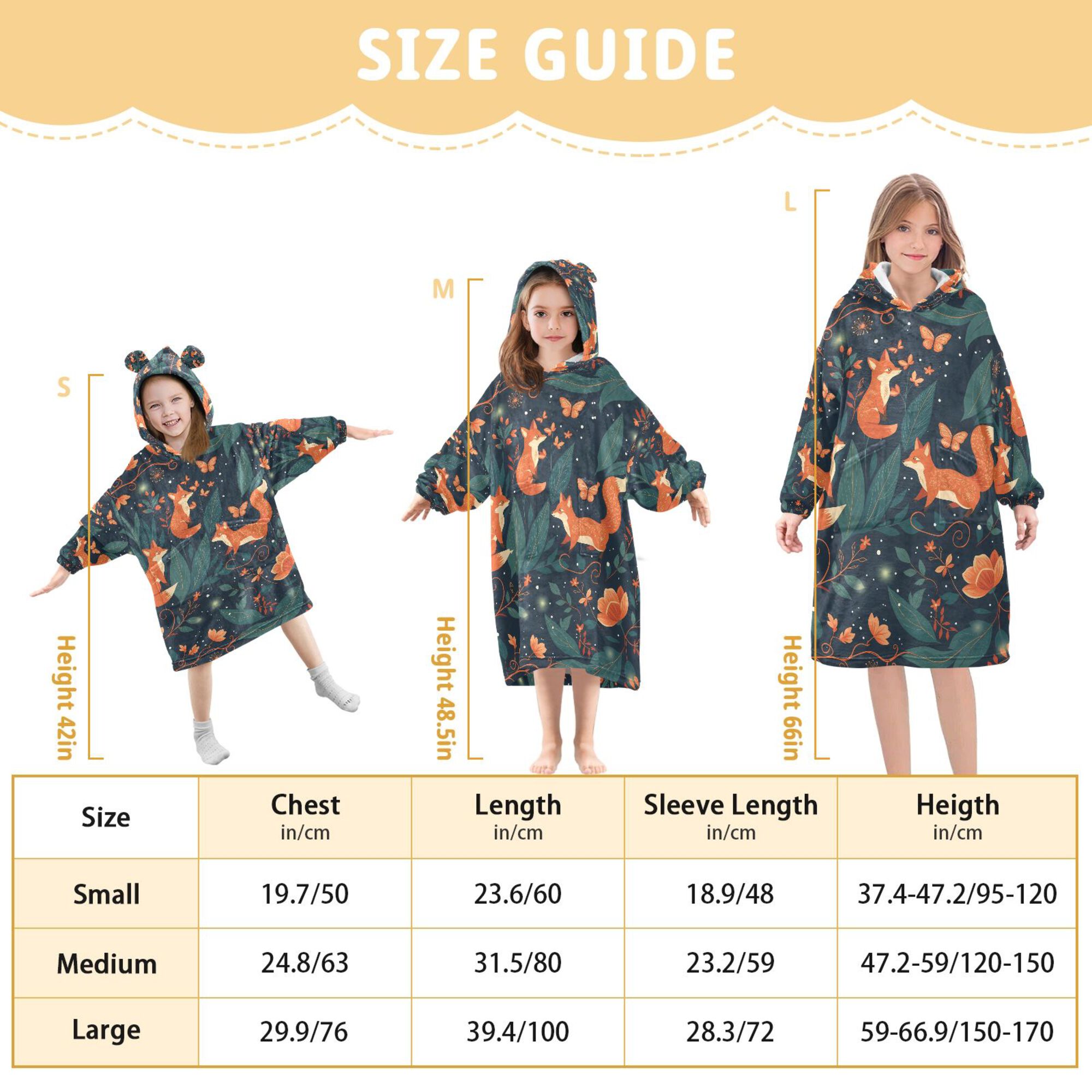 FORMRS Wearable Blanket Hoodie with Sleeves for Kids Cozy Flannel Sweatshirt, Whimsical Foxes Pattern