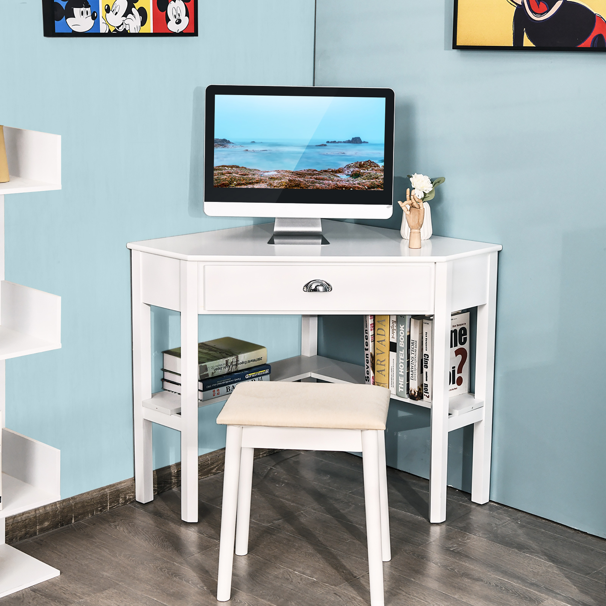 Costway Triangle Computer Desk Corner Office Desk Laptop Table w/ Drawer Shelves Rustic White - image 2 of 10