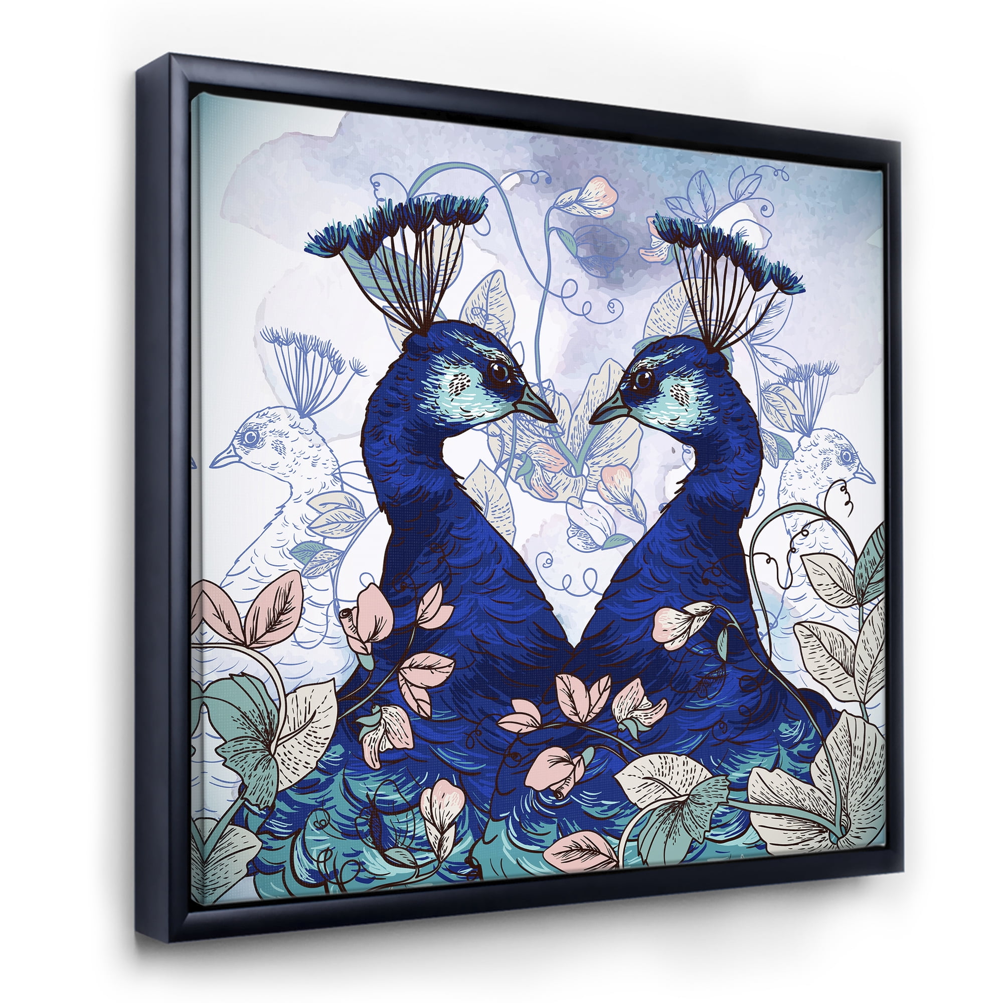 Designart 'Wildflowers With Two Blue Peacocks' Traditional Framed Canvas Wall Art Print