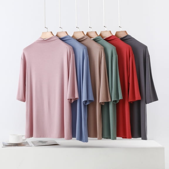 LangJing Womens Pajama Tops Short Sleeve Plus Size Loose Fit T Shirts High Neck Summer Spring Tops 2026 Basic Casual Sleepwear White,L
