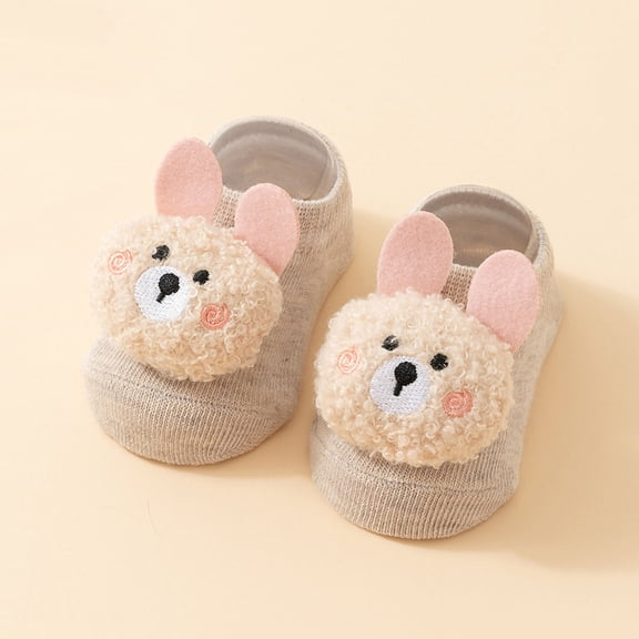 Avrnliq Unisex Khaki Kids Cotton Socks - Soft Breathable Low-cut, with 3D Plush Bear, for Newborns/Kidss (S/M), Everyday Wear/Kids Shower Gifts, 1 Pair,Size M