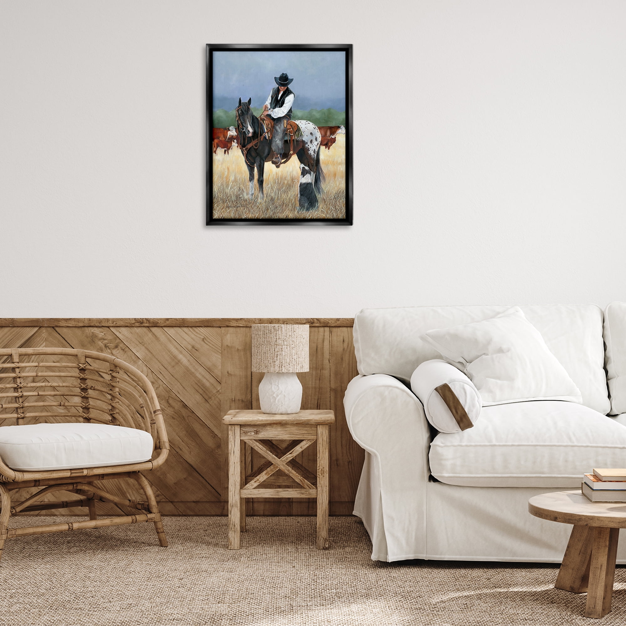 Stupell Industries Cowboy & Dog Animals & Insects Painting Black Floater Framed Canvas Art Print Wall Art, 25 x 31
