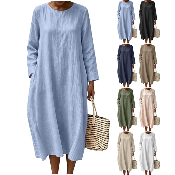 Tqcoqu Women's Crew Neck Cotton Linen Midi Dress with Pocket,Loose Fit Side Crinkle Texture Casual Long Tunic Dress