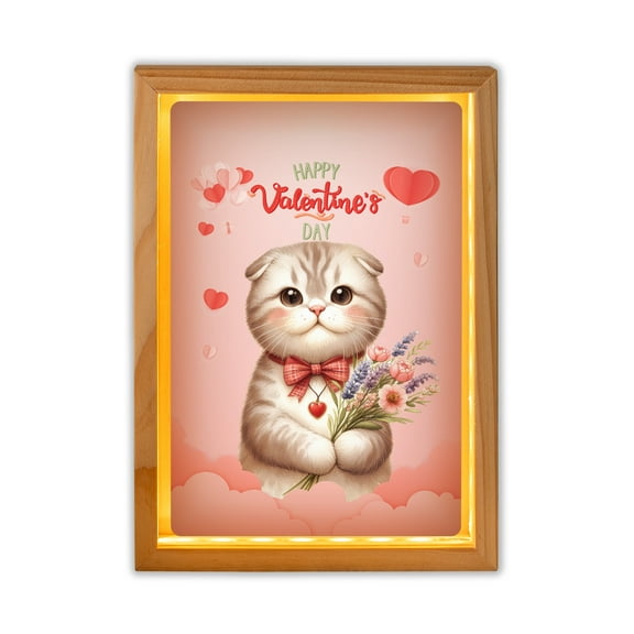 Happy Valentine's Day Scottish Fold holding flowers Acrylic Plaque with Wood Photo Frame Box Cat Lover Kitten Owner Gifts Light Box - 03005
