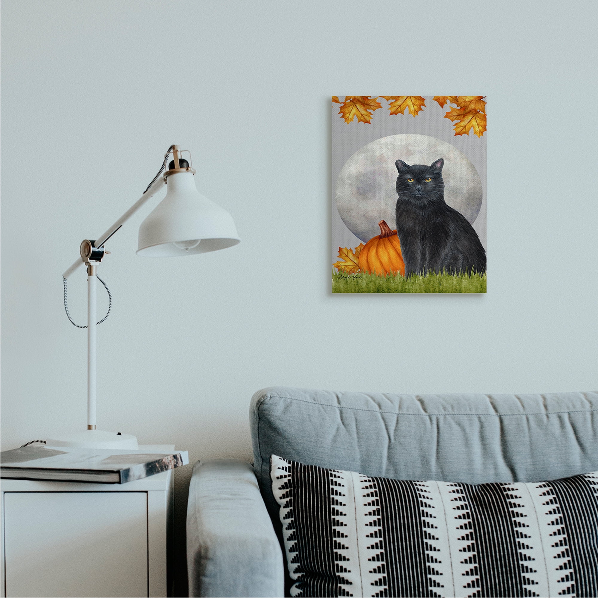 Stupell Industries Black Cat and Full Moon Autumn Leaves Pumpkins Canvas Design by Sheri Hart