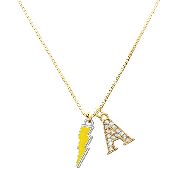 Delight Jewelry Silver-tone Yellow Lightning Bolt - Large Goldtone Crystal Initial - A - Charm Necklace, 17.5" 2"