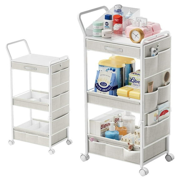 3-Tier Diaper Caddy Organizer - Rolling Utility Baby Cart with Drawer and Side Pockets for Nursery and Baby Essentials, Multi-Function Cart for Bedroom and Bathroom, White