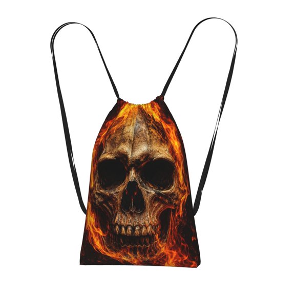 Gothic Flaming Skull Intense Fire Packable Drawstring Backpack, Lightweight Foldable Cinch Storage Bag for Gym Travel Shopping