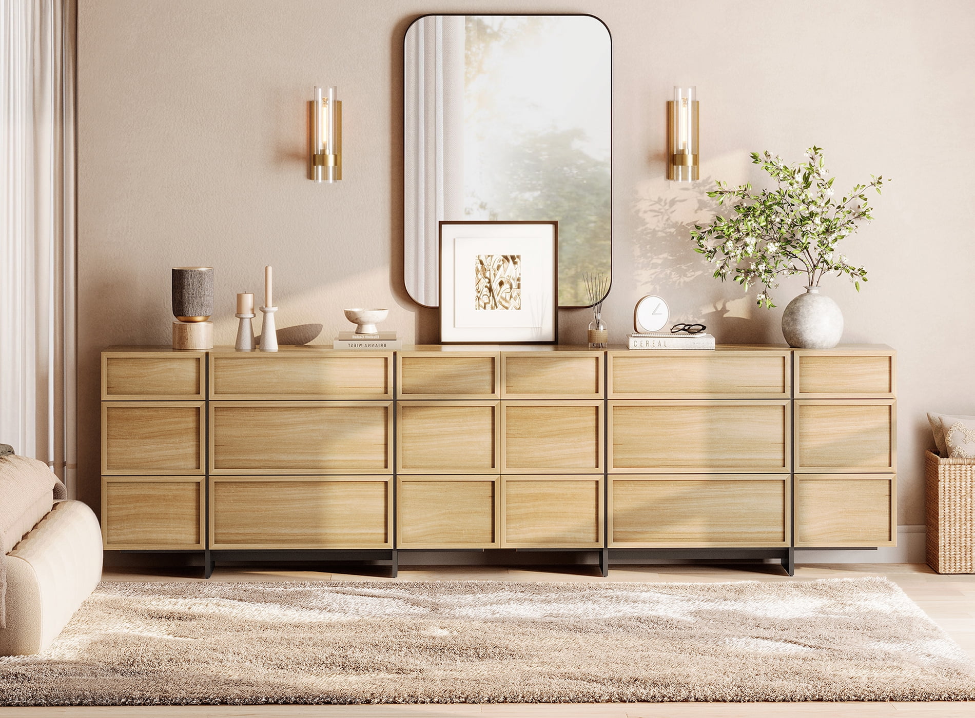 Modern Wooden Dresser with 18 Drawers and T-Shaped Wood Legs, Multi-Functional Chest of Drawers Storage Cabinet Closet Organizer for Bedroom, Hallway, Living Room, Oak