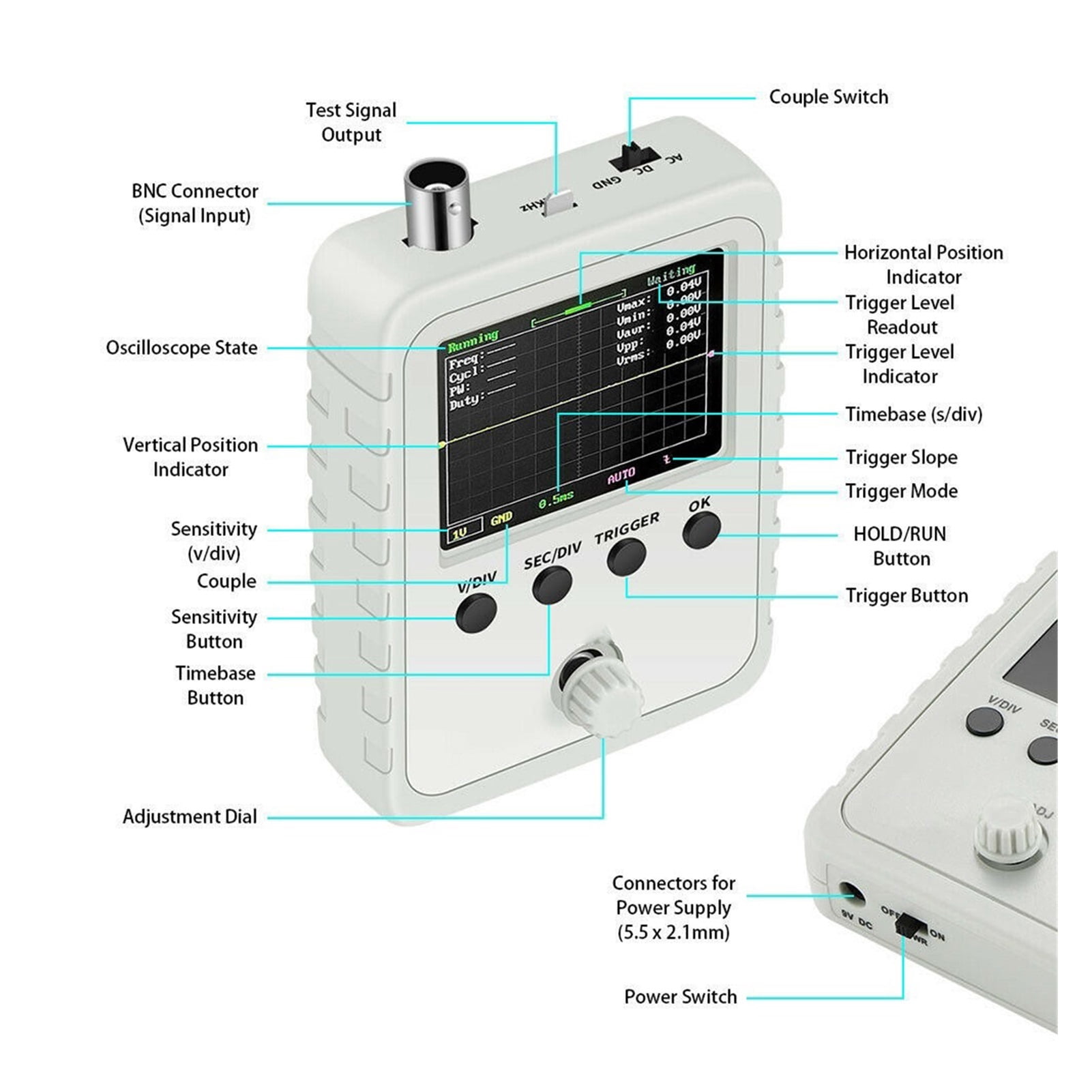 2.4" Portable Digital Mini Oscilloscope Logic Analyzer Kit With Power Adapter And Oscilloscope Cable Probe