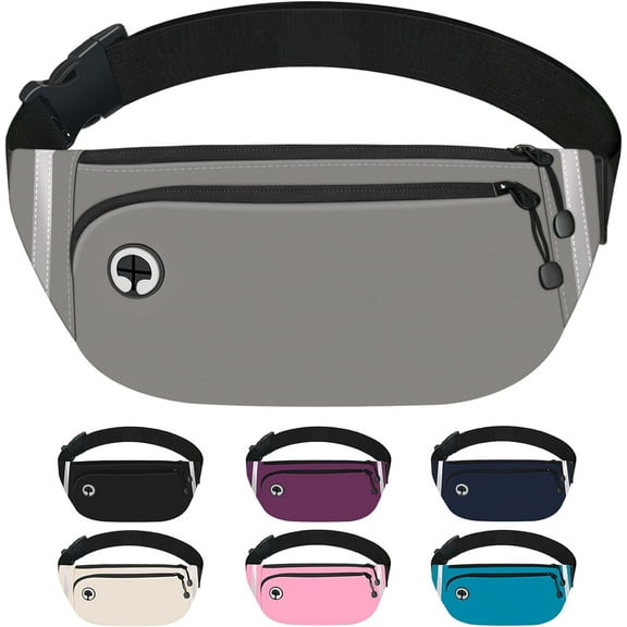Fanny Packs for Women Men, Waterproof Waist Pack with Reflective Strip, Lightweight Slim Belt Bag with No-Bounce Adjustable Strap Travel Running Hiking Walking Sport(Grey)