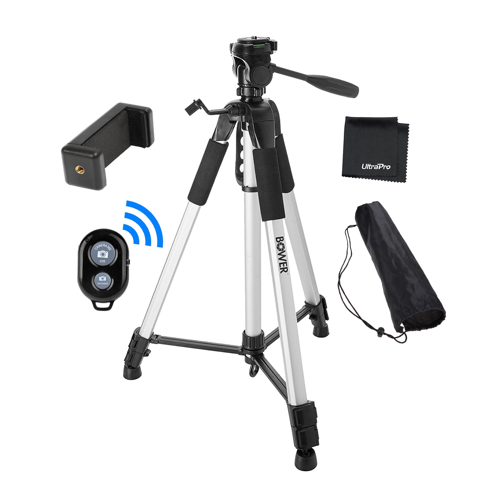 GoPro Mount and Carrying Bag with Bubble Level Indicator iPad Smartphone Comes with Bluetooth Remote Control Camera Shutter Zeikos 57 Inch Aluminum Camera Tripod Kit 
