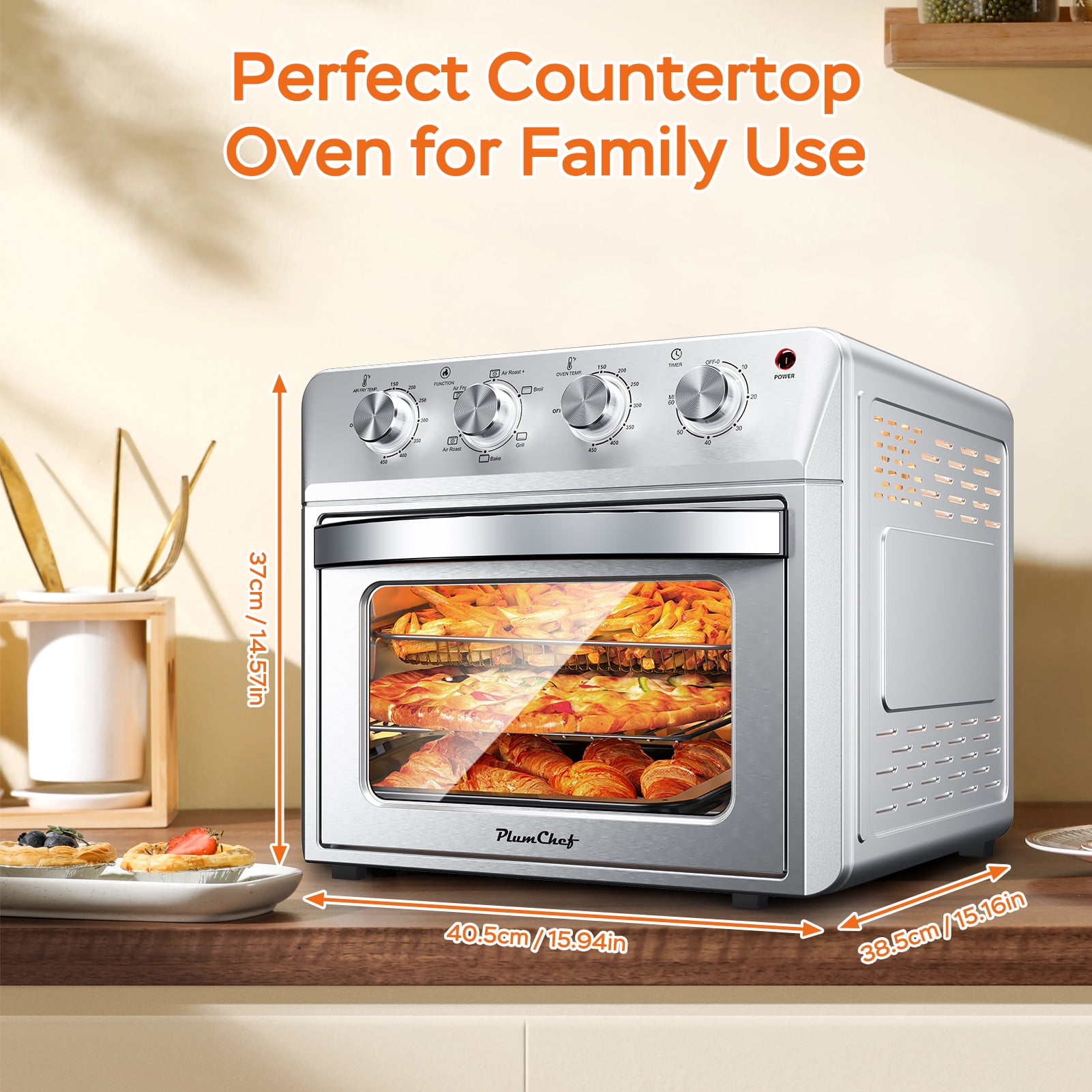 Plum Chef 27.5QT Silver Air Fryer Oven 6 in 1 Countertop Convection Oven Large Capacity with Air Fry Bake Broil 4 Knob Control Family Size Stainless Steel Design