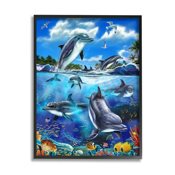 Stupell Industries Underwater Sea Life Scene Coastal Painting Black Framed Art Print Wall Art