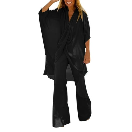 snowsong Lounge Sets For Women Matching Sets Women Clothing 2 Piece Outfits For Women 2023 Summer Short Sleeve Wrap V Neck Tops Wide Leg Pants Set 2 Piece Fall Sets For Women Black M