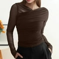 thumbnail image 2 of NINGMENG Womens Tops Solid Color Spring Mesh Sexy V Neck Pleated Long Sleeve Tops Pullover T Shirts Holiday Wear,Brown,L, 2 of 5
