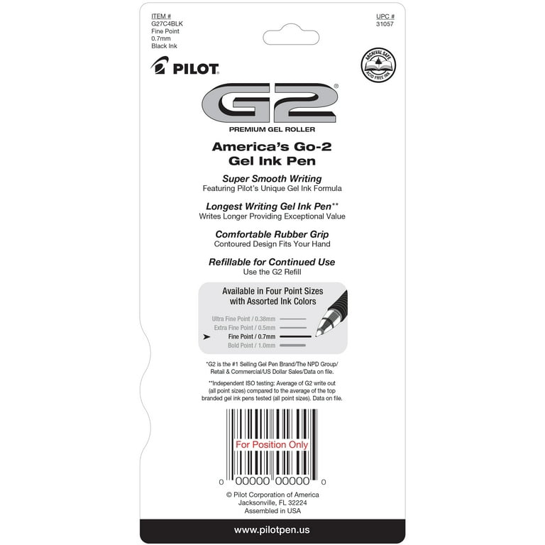 Pilot G2 Premium Gel Roller Pens - Fine Pen Point - 0.7 mm Pen Point Size - Refillable - Retractable - Black Gel-based Ink - 4 / Pack Pilot G2 Premium Gel Roller Pens - Fine Pen Point - 0.7 mm Pen Point Size - Refillable - Retractable - Black Gel-based Ink - 4 / Pack