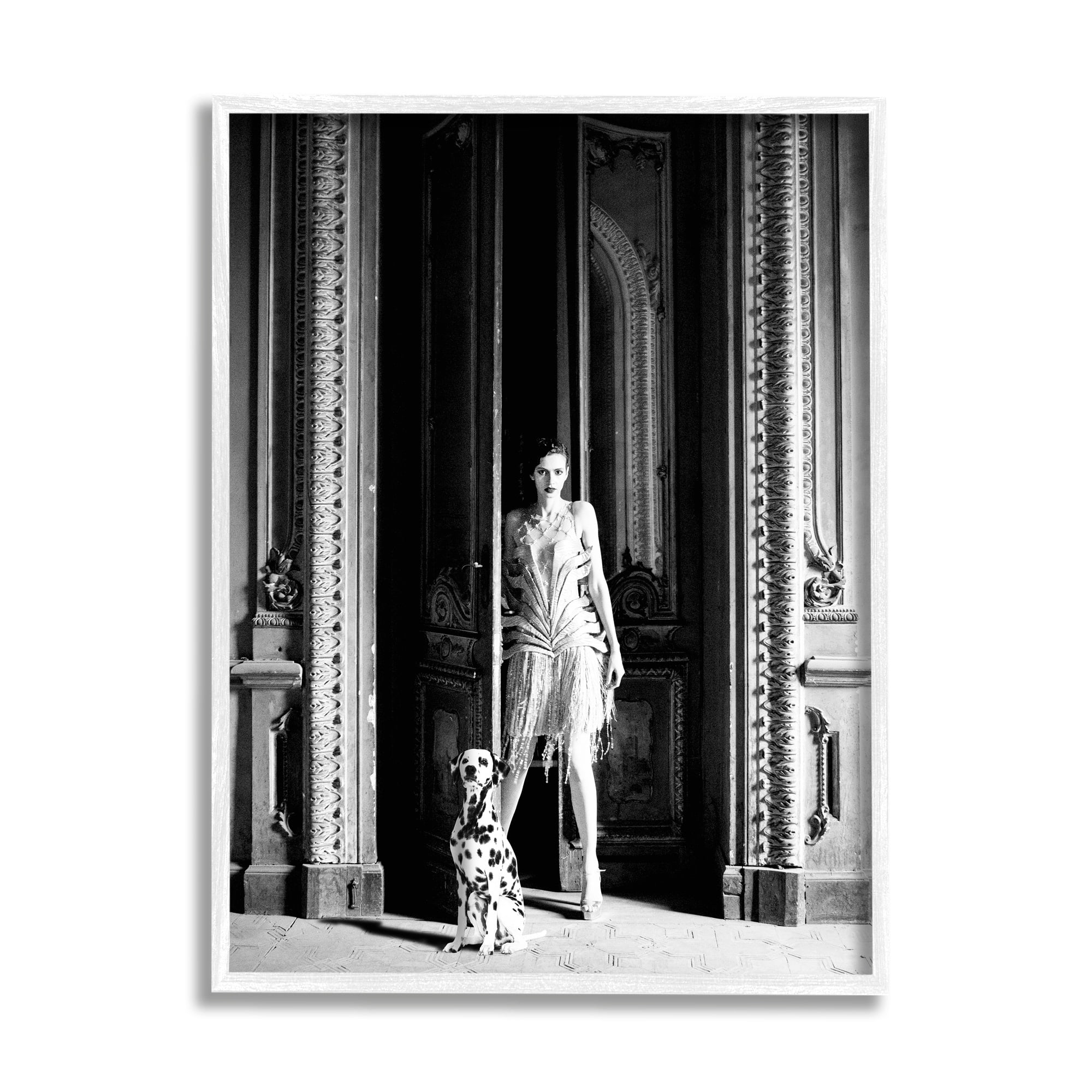 Stupell Industries Upscale Fashion Woman Dalmatian Dog Ornate Building Photograph White Framed Art Print Wall Art, Design by Leah Straatsma