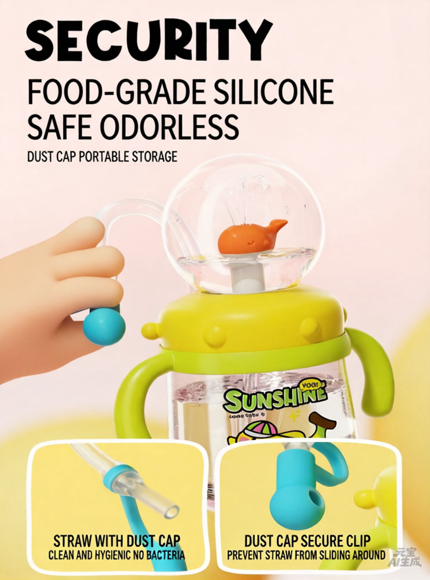 Comobebe Whale Fountain Cup for Kids Toddlers: 10oz/300ml Spill Proof Toddler Sippy  with Handle & Strap, Bpa-Free Forsippy Cups for Toddlers 1-3,Kids Water Bottle (Pink)