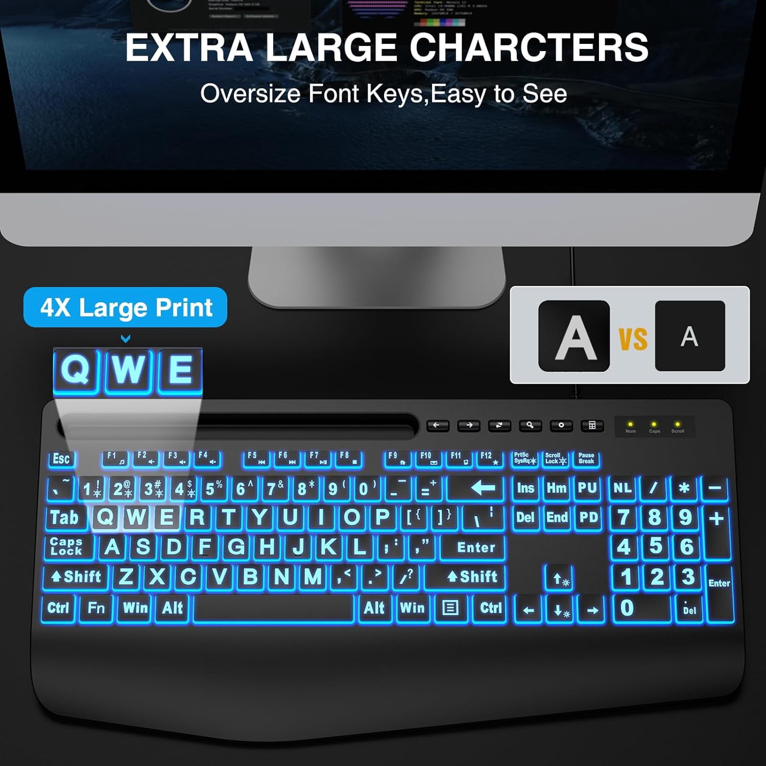 K21 Pro Large Print Backlit Keyboard, Wired USB Computer Keyboards with 7-Colors Backlight, Wrist Rest, Phone Holder, Oversized Letter Keys Easy to See and Type for Laptop, PC, Windows, Black