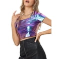 thumbnail image 4 of TOP CORTO METÁLICO INSPIRADOR CHIC PARA MUJERES CON ESCOTE CUADRADO Y MANGAS CORTAS, BRILLANTE, TAMAÑO S, AZUL MORADO, 4 of 6