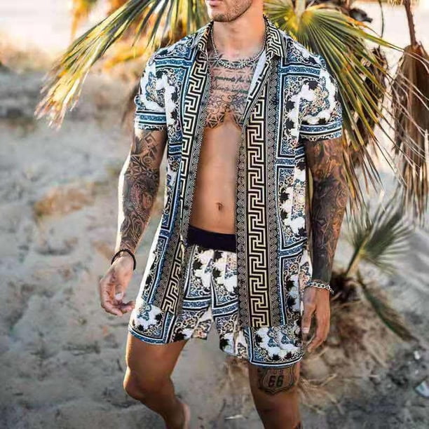 Conjuntos de hombre 2022, camisa informal de manga corta con solapa de retales estampada, pantalones cortos de playa, ropa de calle de verano, trajes hawaianos para vacaciones, S-3XL para hombre Tan Jianjun unisex