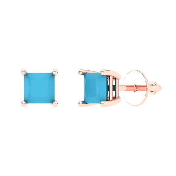 1.5 ct Screw-Back Stud Earrings for Women | 5.0mm Princess Cut Simulated Turquoise | 18K Rose Gold