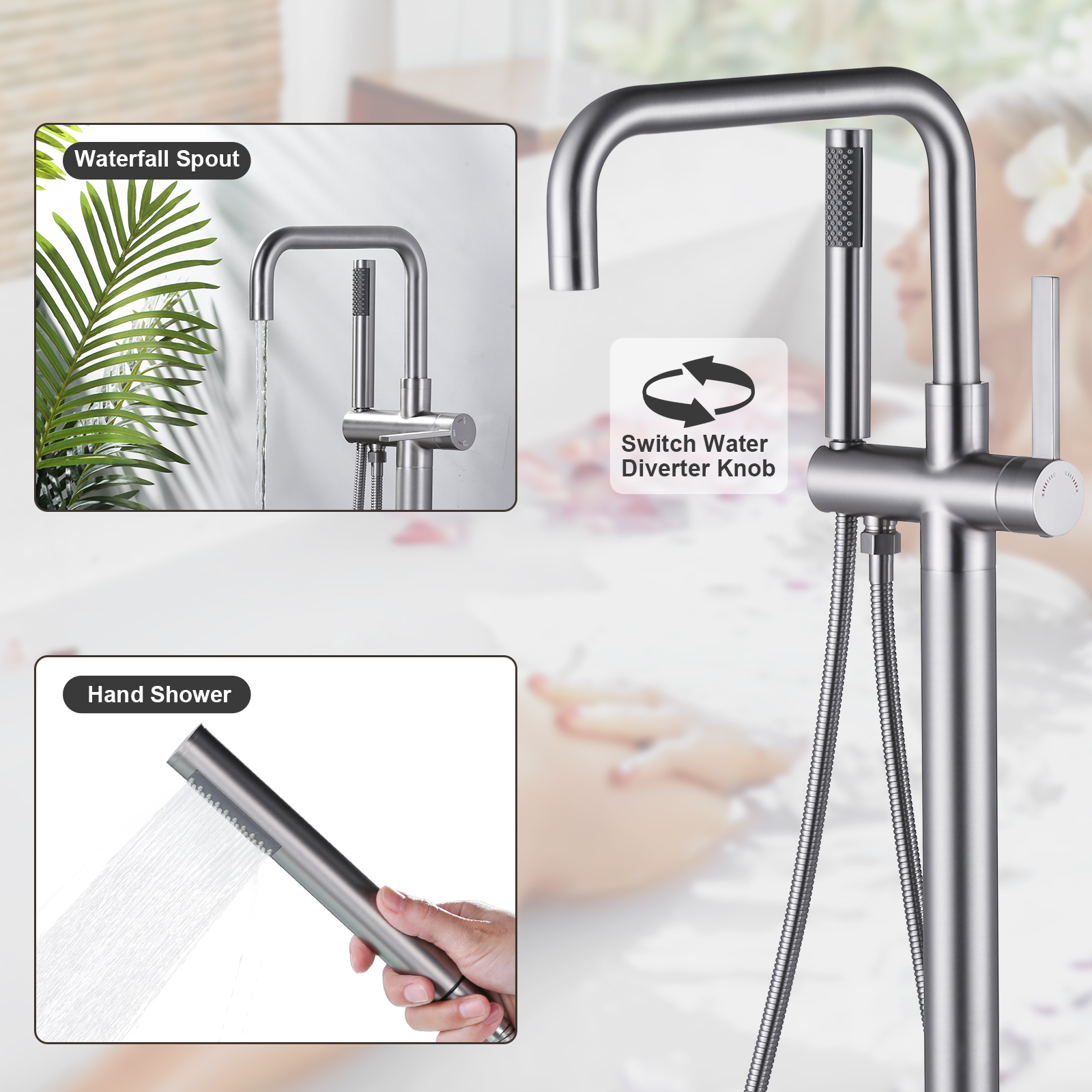 Wowow Single-Handle Freestanding Tub Faucet Floor Mount Bathtub Filler with Hand Shower in Brushed Nickel