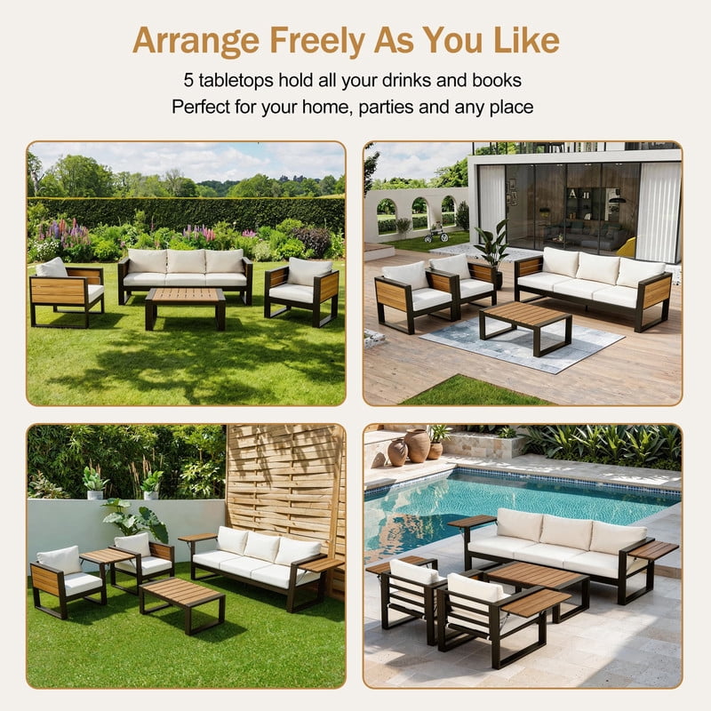 4-Piece Aluminum Outdoor Patio Furniture Set, 5-Person Outdoor Sectional Sofa Set, 3-Seater Sofa, 2 Armchairs with Fold-Out Side Tables