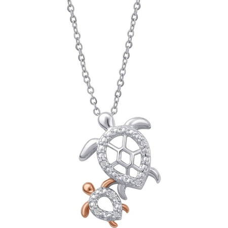 Diamond Accent Two-Tone Turtle Mom and Child Pendant, 18" Chain