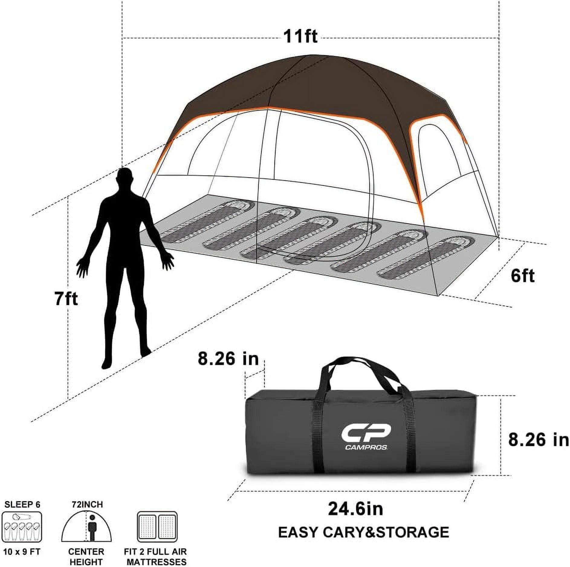 CAMPROS 6 Person Camping Tent Waterproof Windproof Family Tent, Double Layer, Portable with Carry Bag