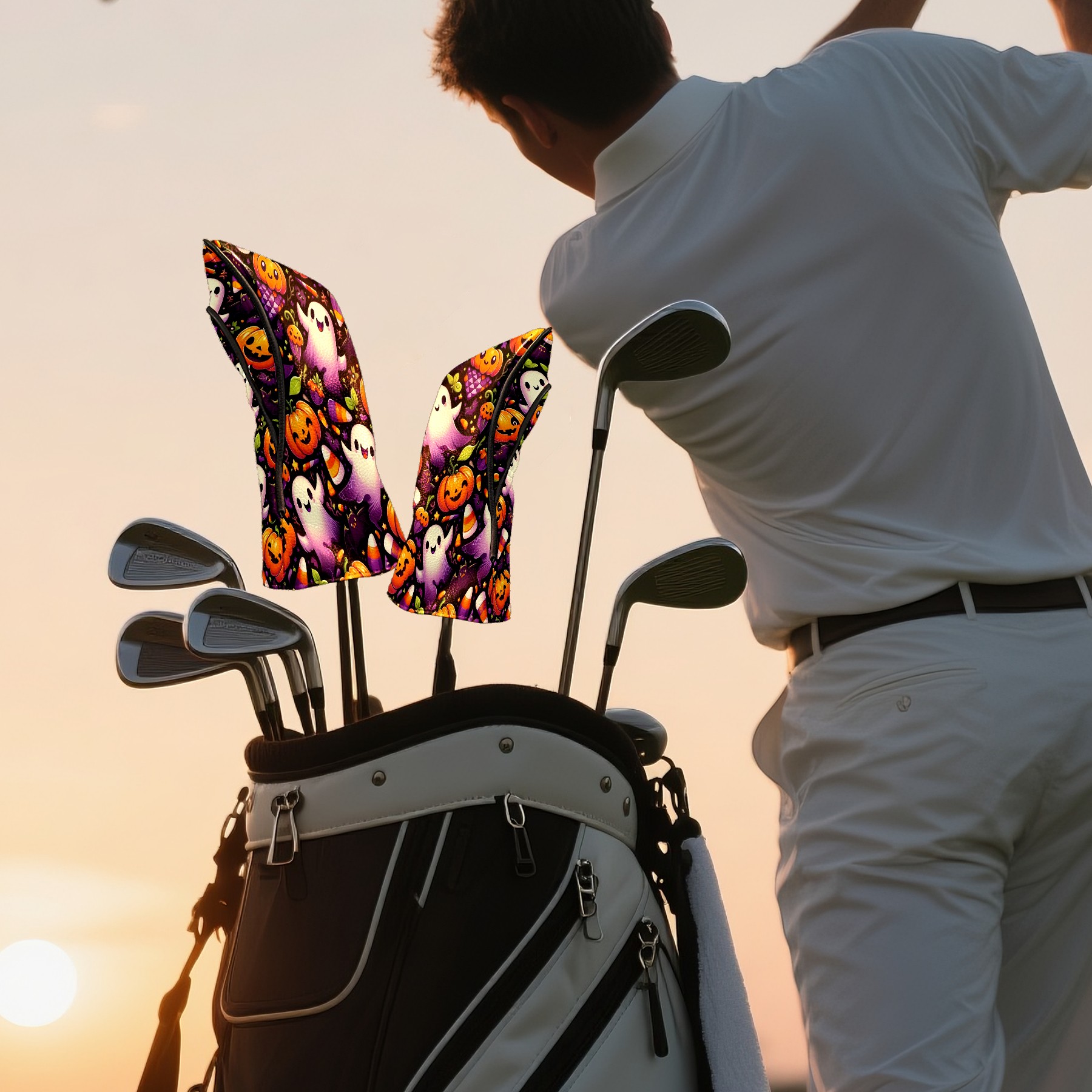 Golf Club Covers, Orange Halloween Ghosts Premium PU Leather Driver Hybrid Putter Head Covers with Velvet Lining, Waterproof Golf Gifts for Men Women