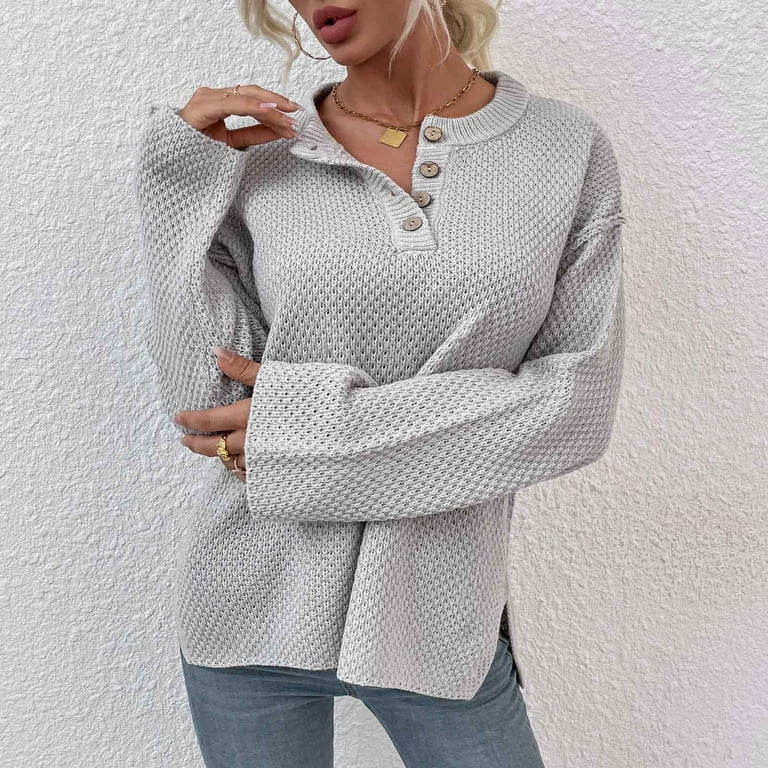 Women Casual Solid Sweater Pullover Round Neck Sweater Loose Long