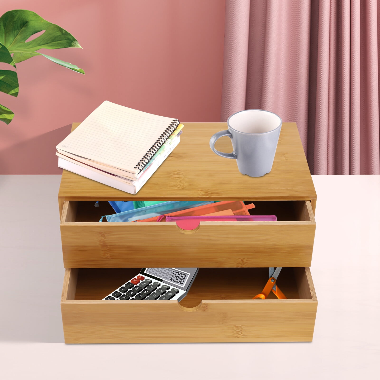 Desk Storage Box, Mini Bamboo Drawer Organizer with Curved Groove Handle for Office, Home