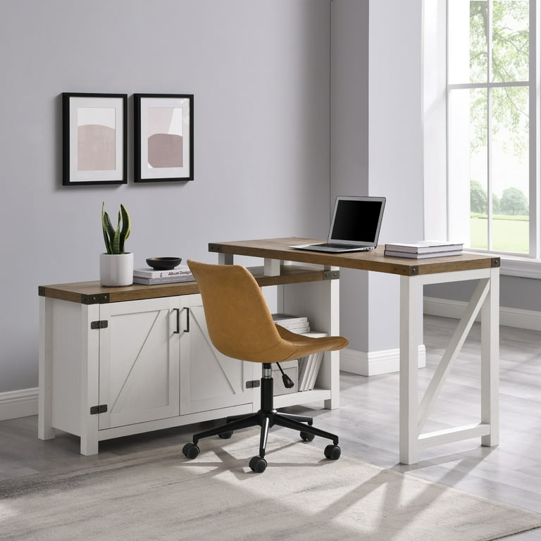 Farmhouse Chic L Shaped Desk with Cabinet White Wash