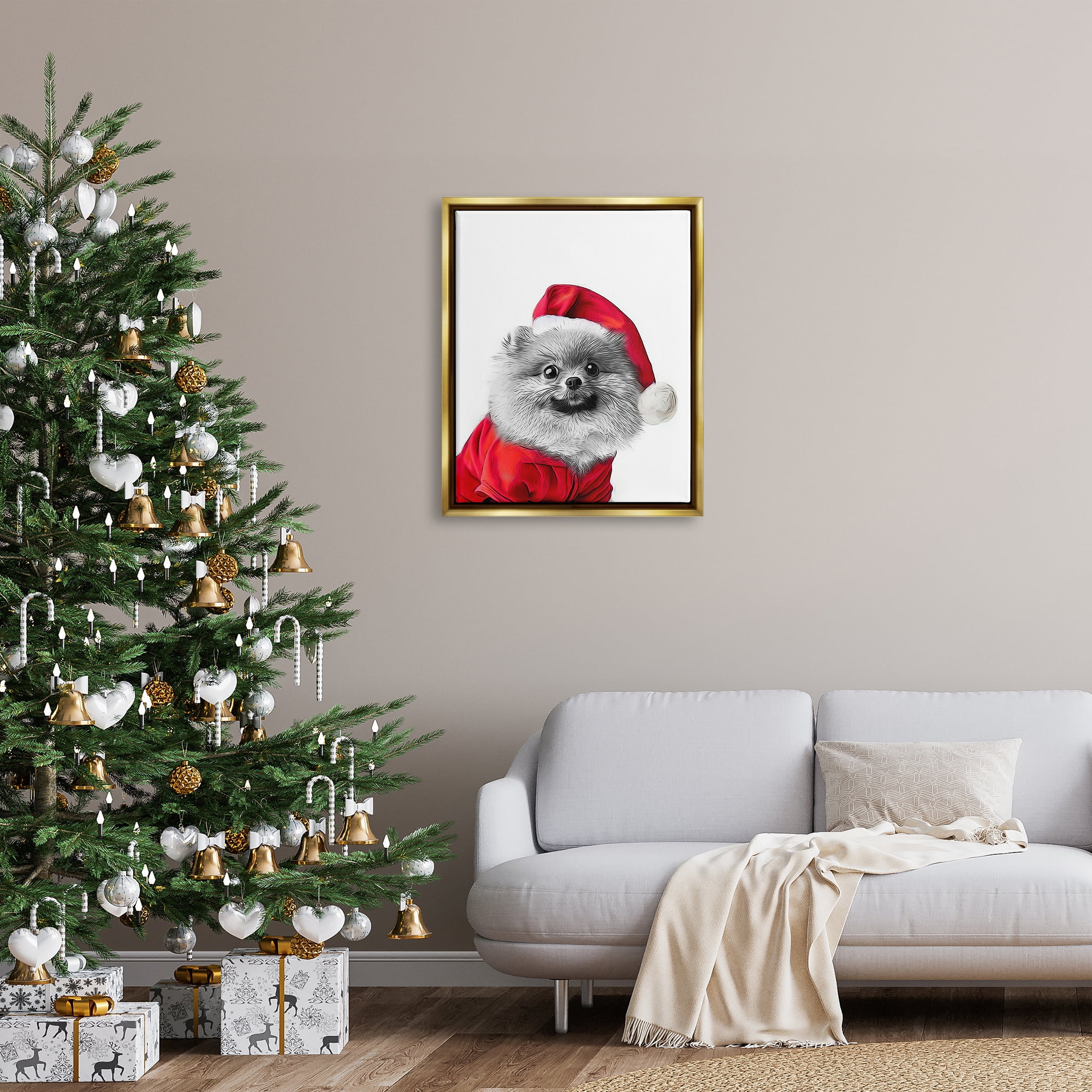 Stupell Industries Pomeranian in Santa Hat Holiday Painting Gold Floater Framed Canvas Art Print Wall Art, 25 x 31