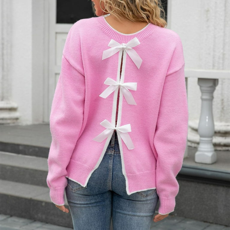 Qetyuw Womens Drop Shoulder Long Sleeve Sweaters Casual Knit Crew