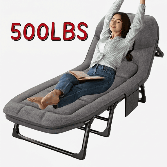 500LBS Padded Folding Camping Lounge Chair, Heavy‑Duty Recliner Cot with Side Pocket for Patio Beach Camping