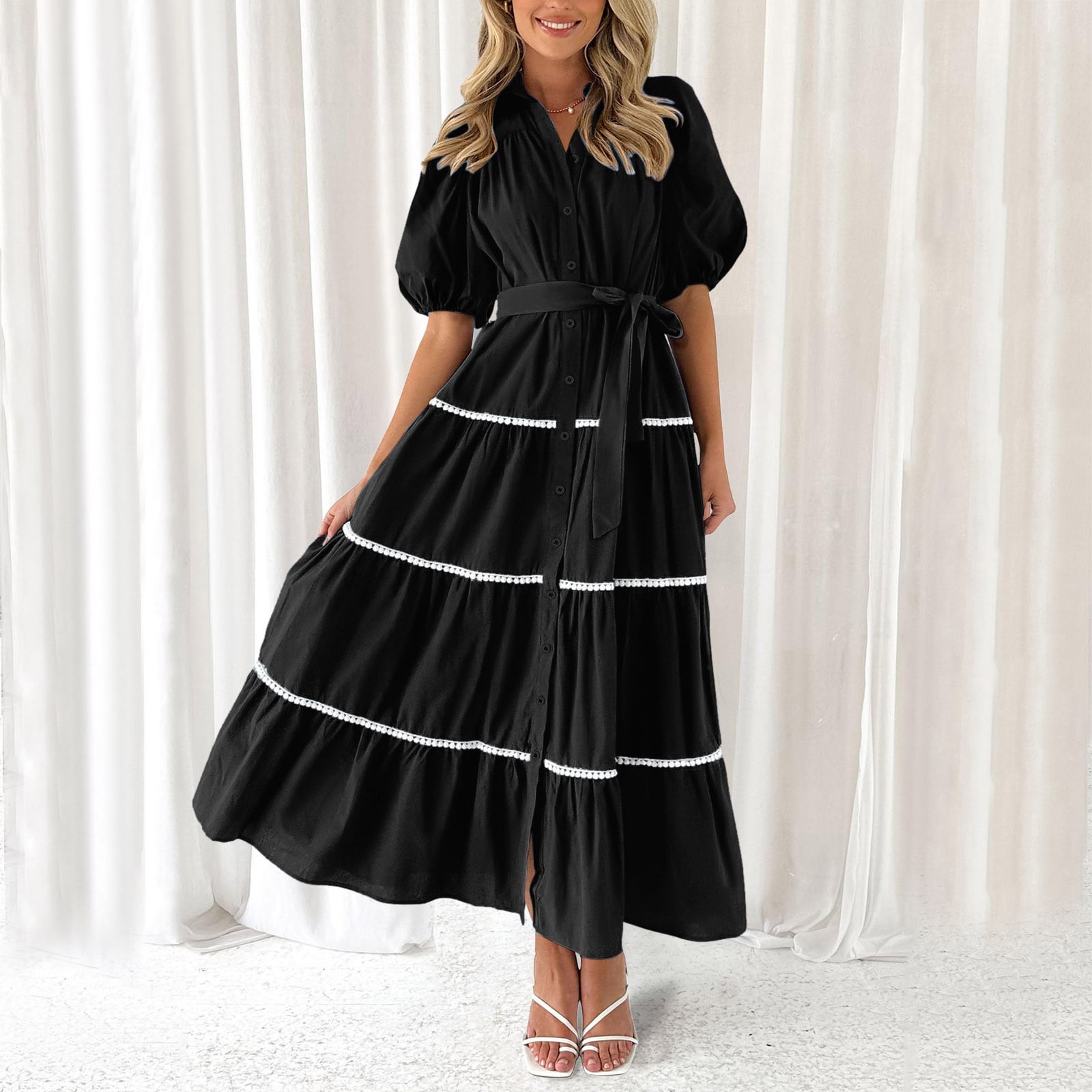 VBARHMQRT Female Skater Dress for Women Women's Summer Button up Short  Sleeve Layered Pleated Flowing Long Skirt Party Dresses for Women 2024 Sexy  Mini Dresses 2024 Winter - Walmart.com