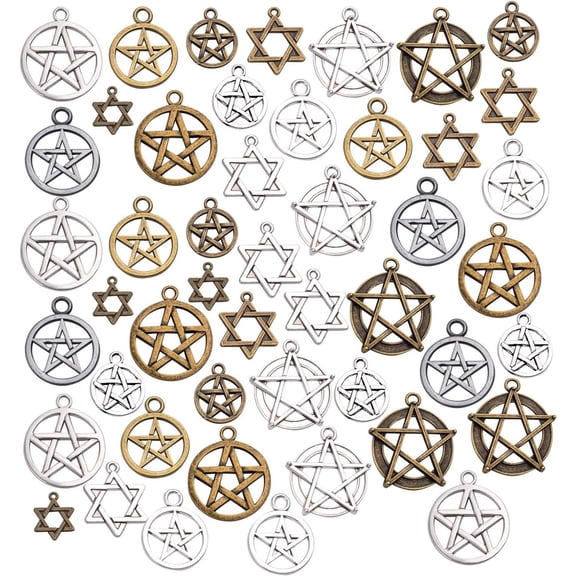 48pcs Mixed Pentagram Charms Round Star Pentacle Pendants Antique Jewelry Accessories for Necklace Bracelet Crafting